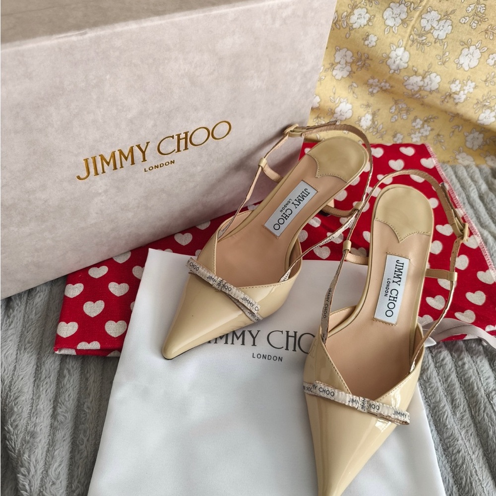 Jimmy Choo Beige Patent Pointed Slingback Pumps
